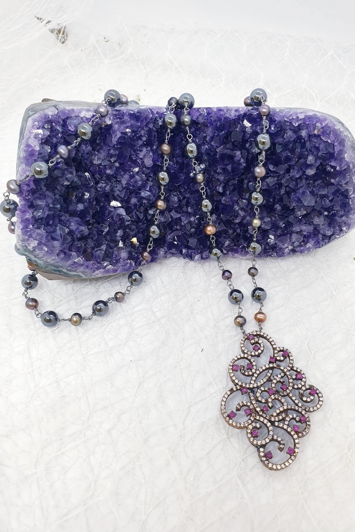 Hematit ve İncili Butik Tasarımlı Kolye