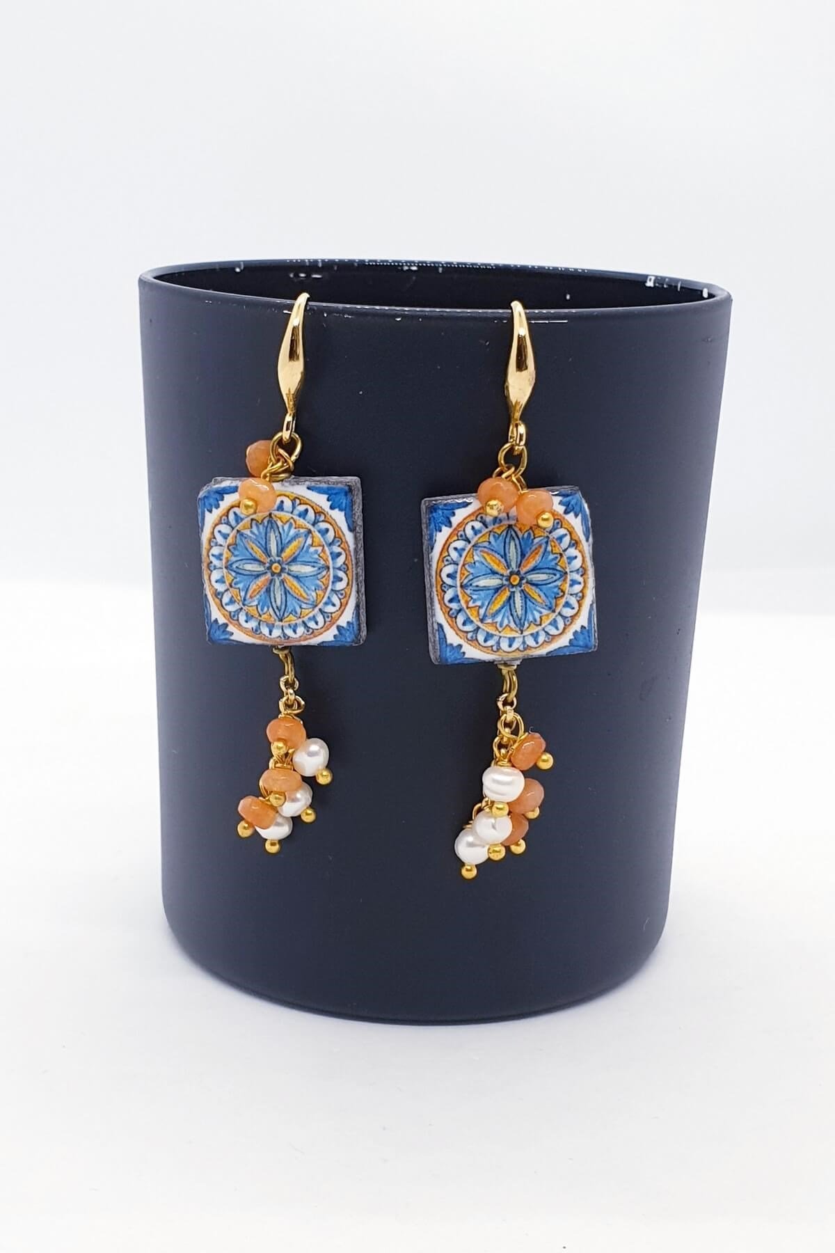 Mavi İtalyan Çini desenli Küpe