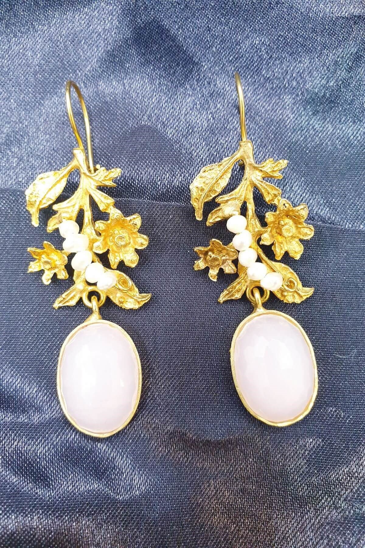 Pembe Kuvars İnci Salkım Küpe