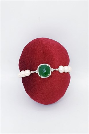 Yeşil Cam Gümüş İnci Bileklik