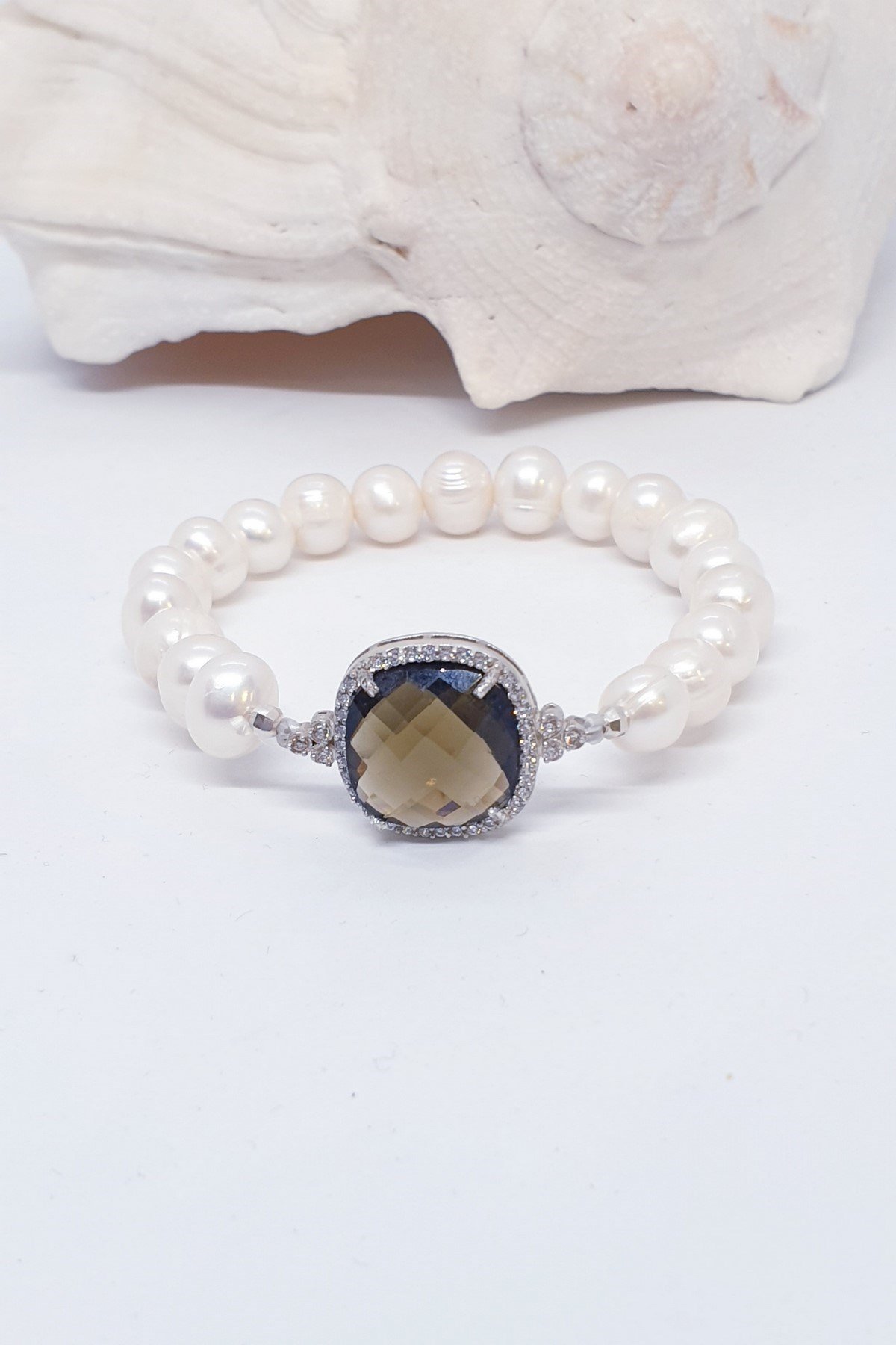 Dumanlı Kuvars Gümüş Taşlı İnci Bileklik