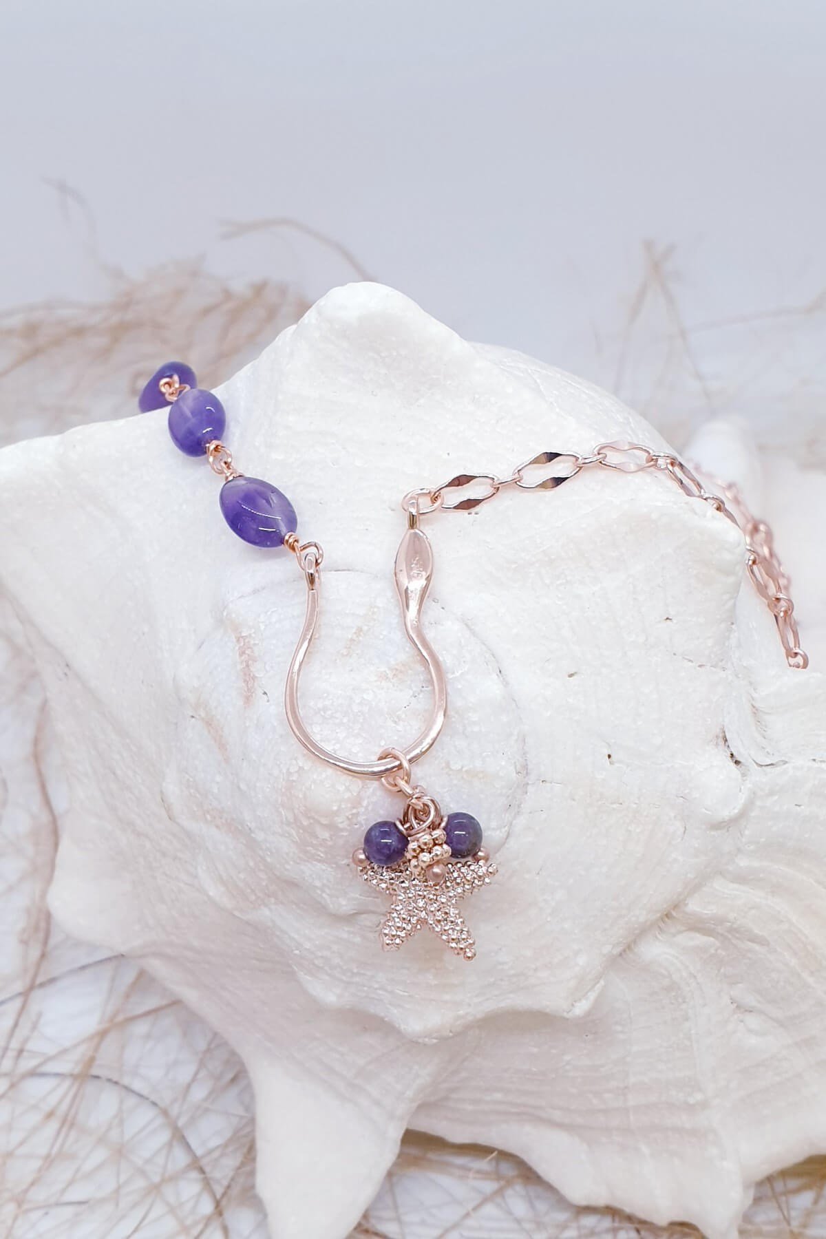 Elegant Ametist Doğal Taşlı Deniz Yıldızlı Kolye Uculı 