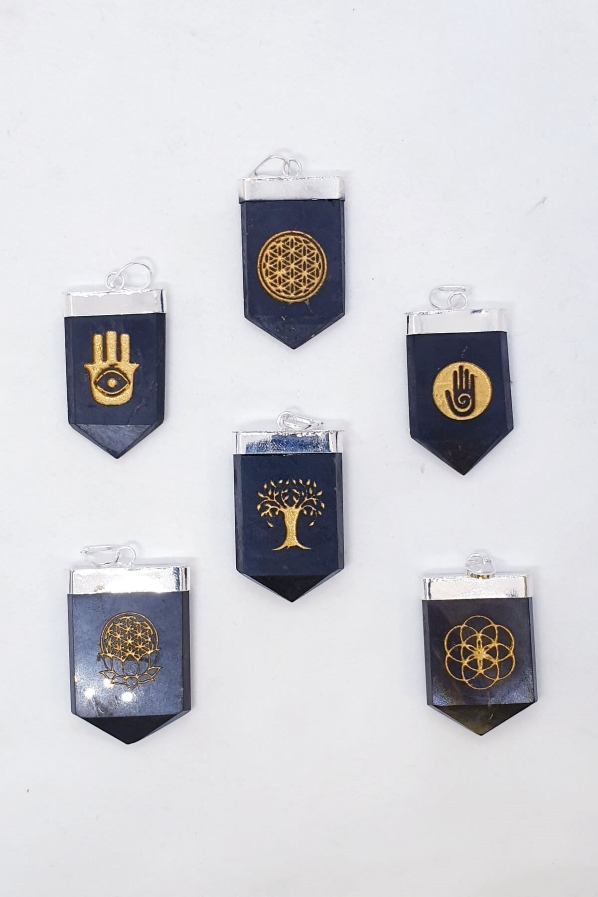 Sungite Doğal Taş Lotus ve Yaşam Çiçeği Sembollü Kolye Ucu