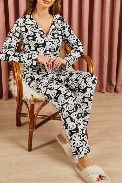 Panda Desenli Pijama Takım Beyaz