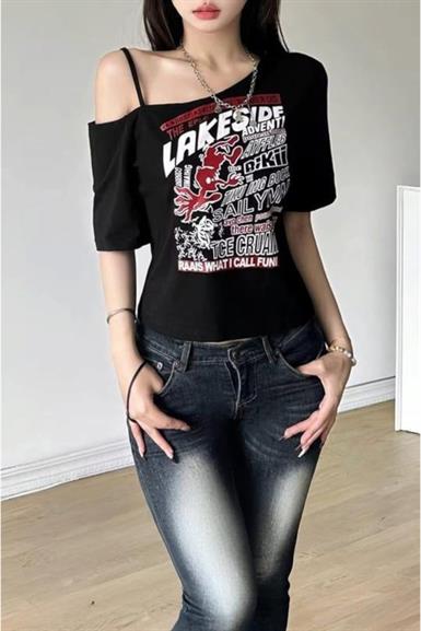 Black Omuz Dekolteli Askılı Kısa Kollu Crop