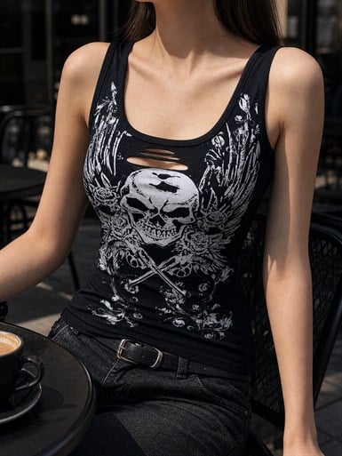 Siyah Gotik Vintage Skull Wings Cyber Gothic Y2K