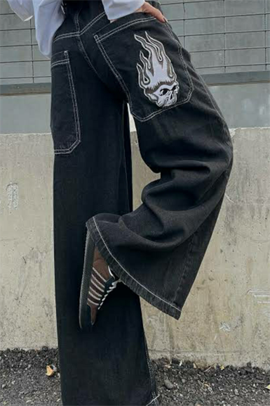 Y2k Flame Skull Baggy Pantolon