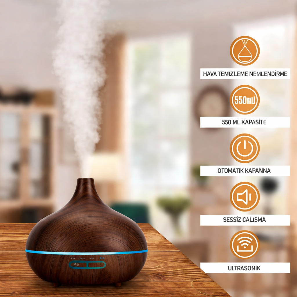 550 ML Kapasiteli H2O Kumandalı Aroma Difüzör (Açık Ahşap)