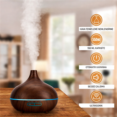 550 ML Kapasiteli H2O Kumandalı Aroma Difüzör (Açık Ahşap)