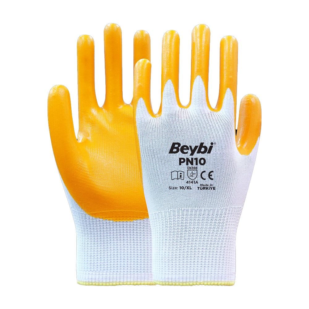 Antibakteriyel ÜrünlerBeybi PN10 Polyester Örme Nitril Eldiven Sarı