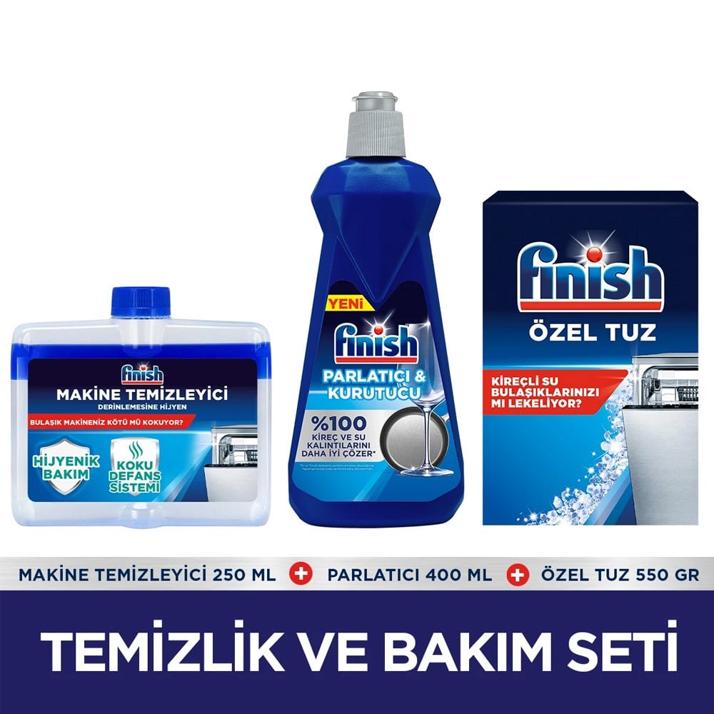 Bulaşık ParlatıcıFinish Temizlik ve Bakım Seti (Parlatıcı 400 ml + Makine Temizleyici Sıvı 250 ml + Tuz 500 gr)