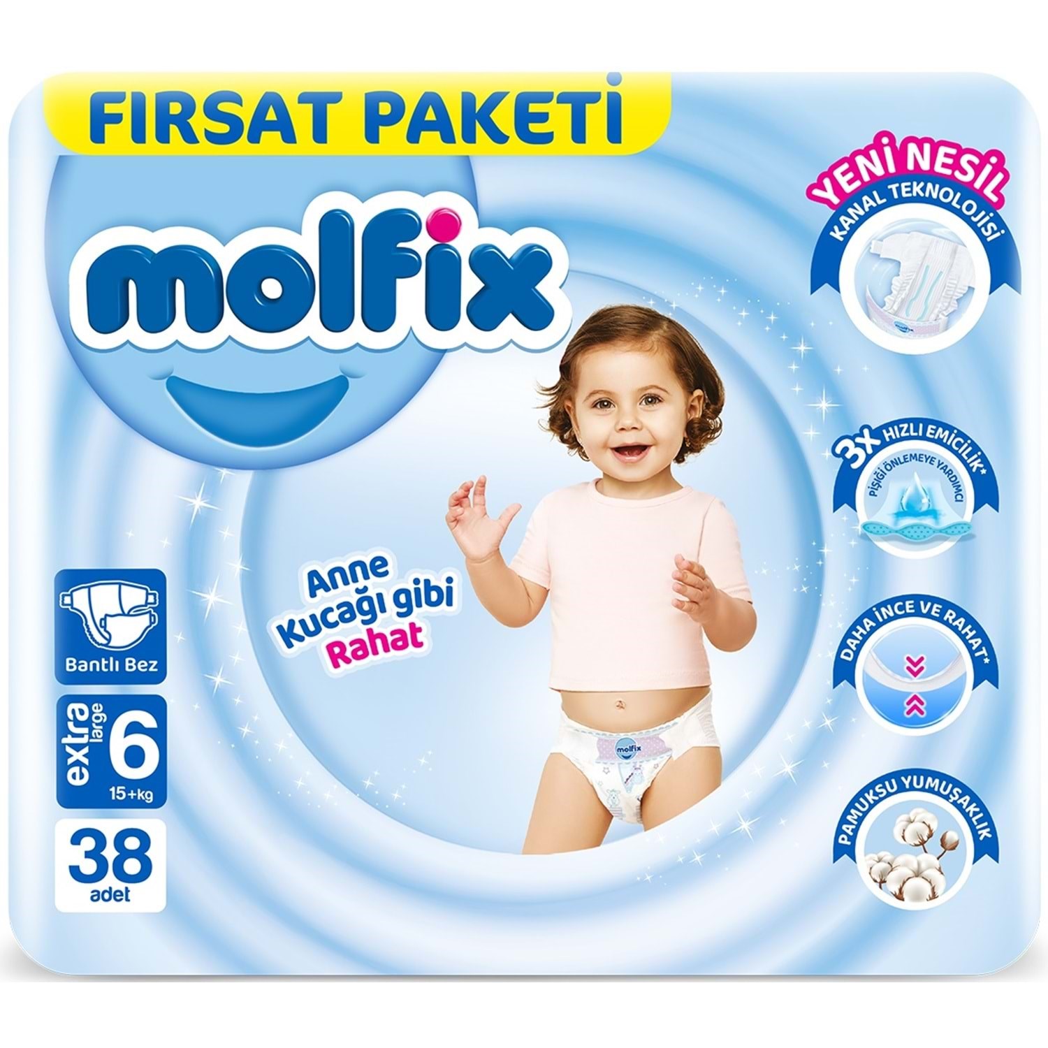 Bebek BezleriMolfix Bantlı Bebek Bezi Fırsat Pk Extra Large Beden:6 (15+kg) 38 li