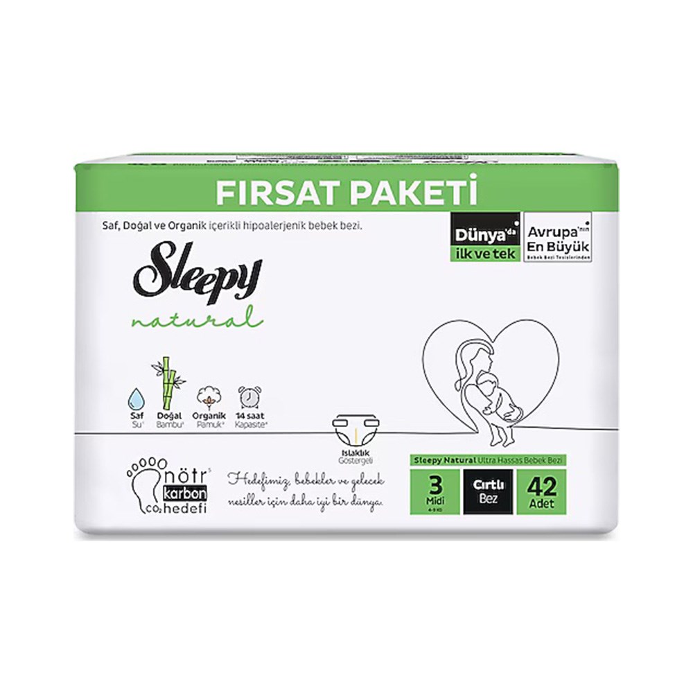 Bebek BezleriSleepy Natural Double Soft Fırsat Paket Bebek Bezi Midi No:3 4-9 kg 42 Adet