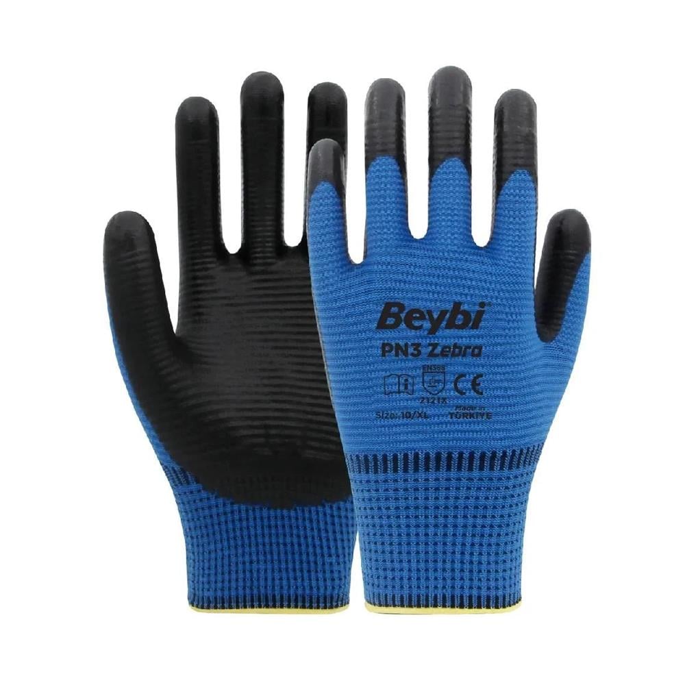 Antibakteriyel ÜrünlerBeybi PN3 Zebra Polyester Örme Nitril Eldiven Mavi