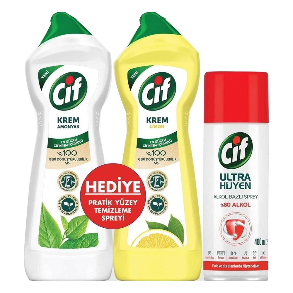 Mutfak ve Banyo TemizleyicilerCif Krem 2*750 ml Amonyaklı+Limon+200 ml Cif Ultra Hijyen Sprey