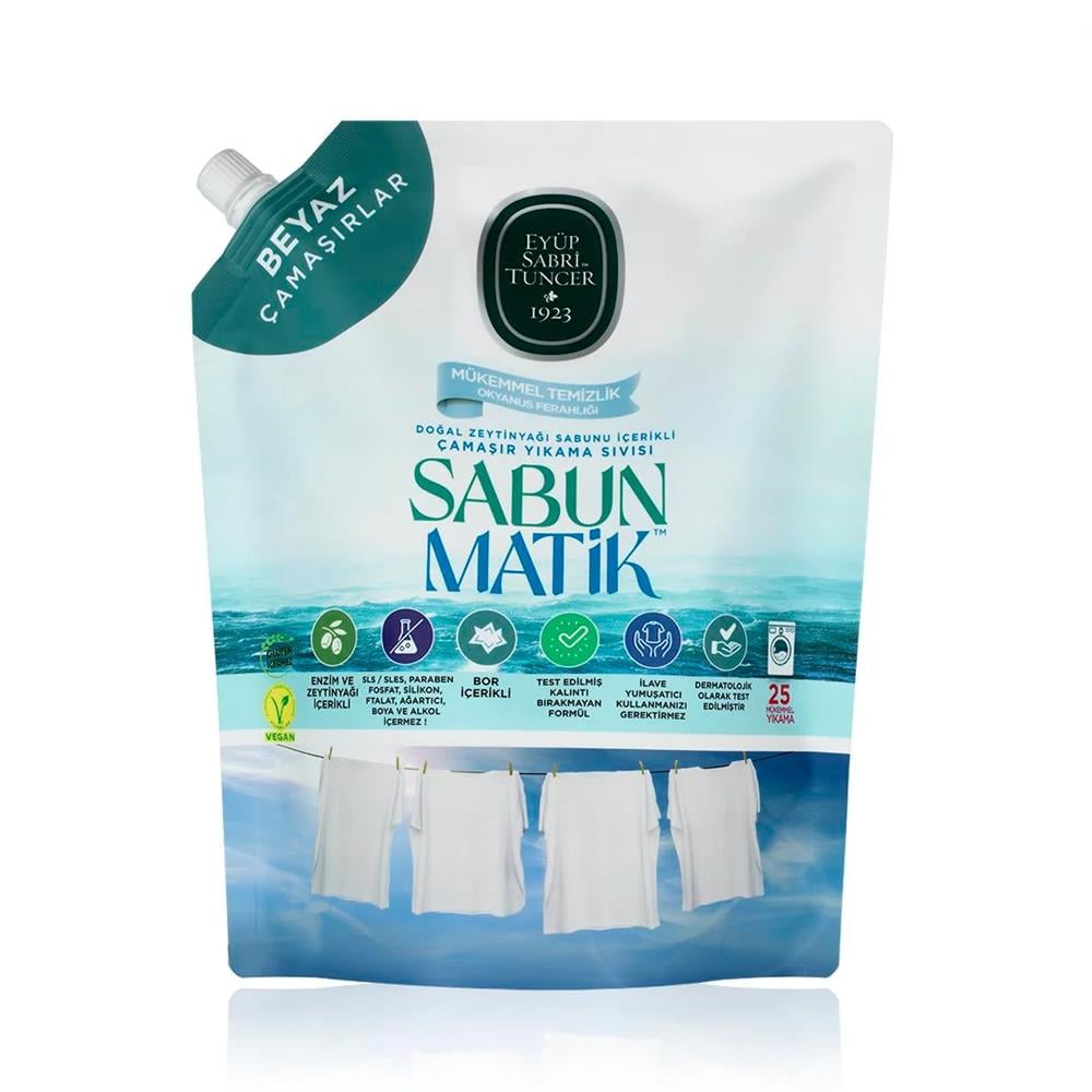 Sıvı Çamaşır DeterjanıEyüp Sabri Tuncer Doğal Zeytinyağı İçerikli Çamaşır Yıkama Sıvısı Okyanus Ferahlıgı Beyazlar İçin 1,5 Litre