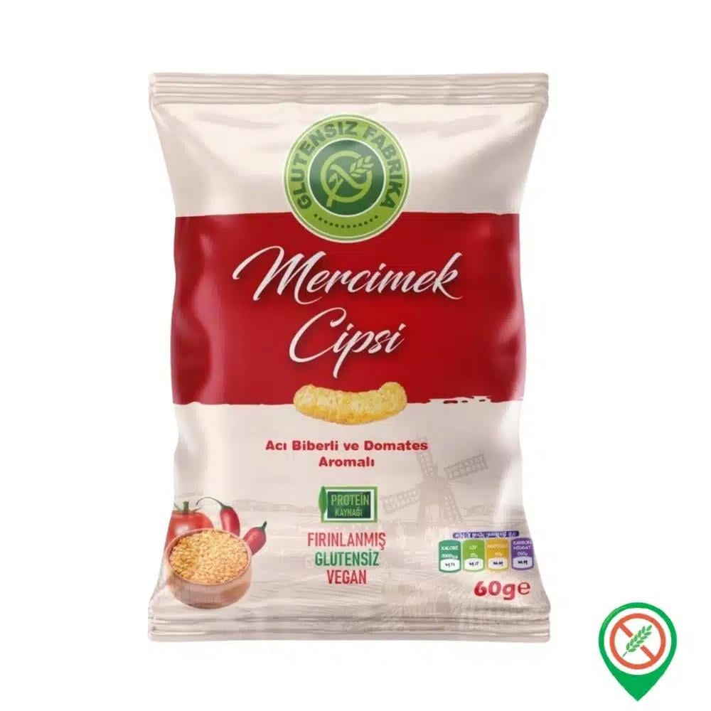 Sağlıklı AtıştırmalıkGlutensiz Fabrika Mercimek Cipsi Acı Biberli ve Domates Aromalı 60 Gr
