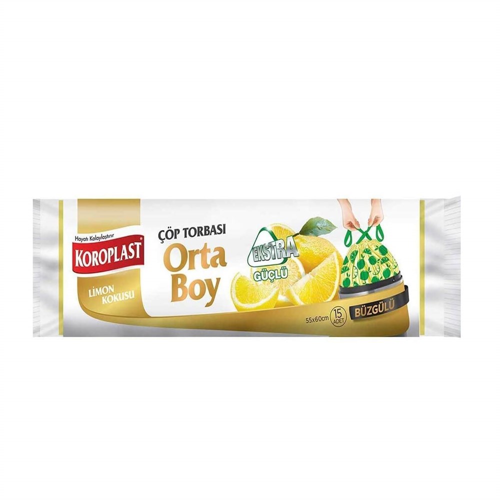 Koroplast Büzgülü Limon Kokulu Orta Boy Çöp Torbası 15'li 55*60 cm