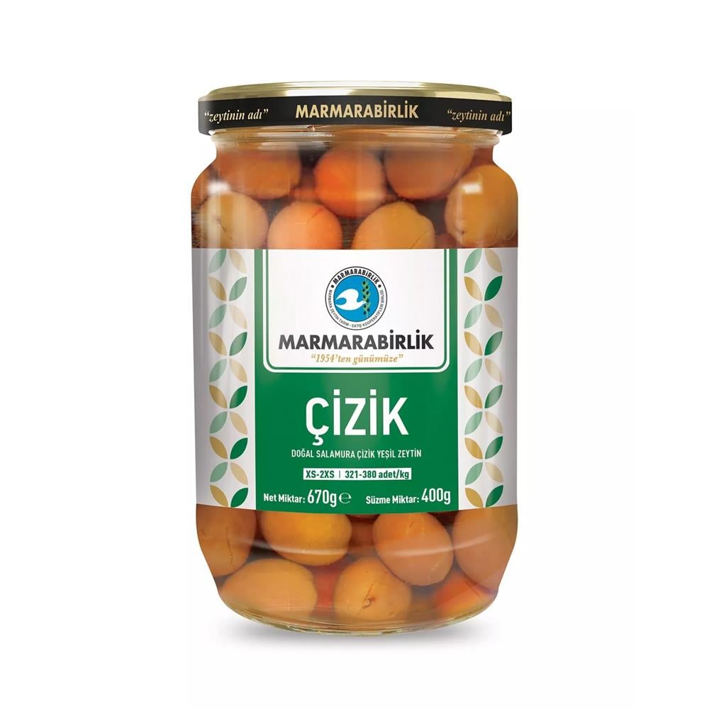 Yeşil ZeytinMarmara Birlik Yeşil Çizik Zeytin 400 Gr Cam 321-380 XS-2XS