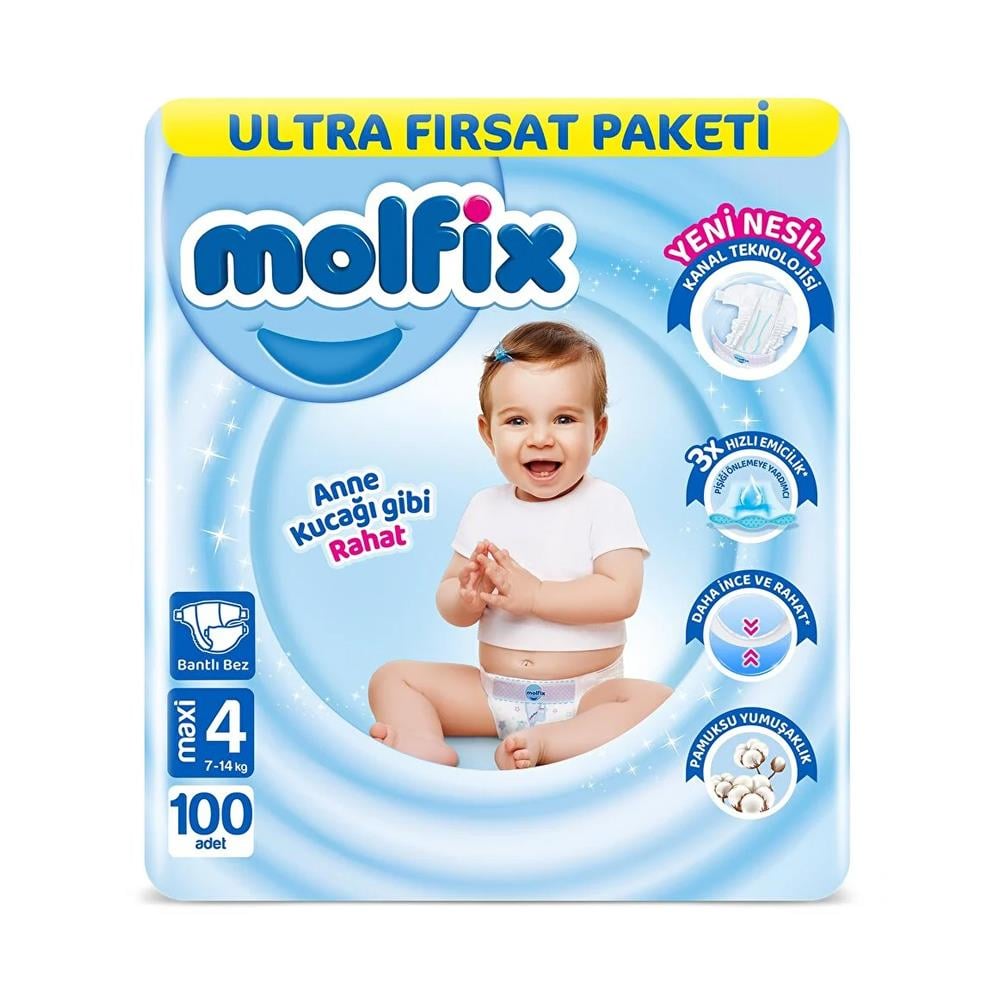 Bebek BezleriMolfix Bebek Bezi Ultra Fırsat Paketi Maxi 4 Numara 100 Adet