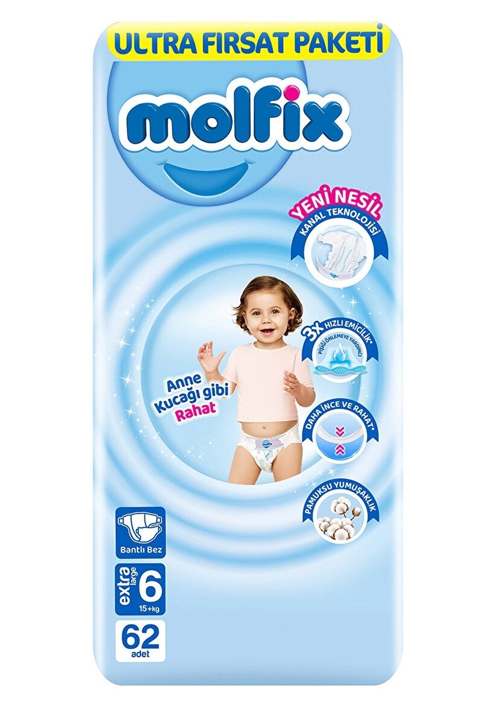 Bebek BezleriMolfix Bebek Bezi Ultra Fırsat Paketi 15+ Extra Large 6 Numara 62 Adet