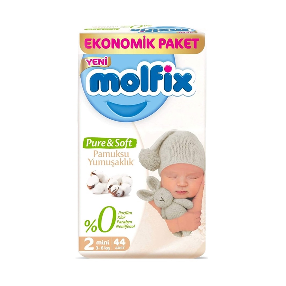 Molfix Pure Soft 2 Beden Bebek Bezi Mini 44 Lü Aylık Paket