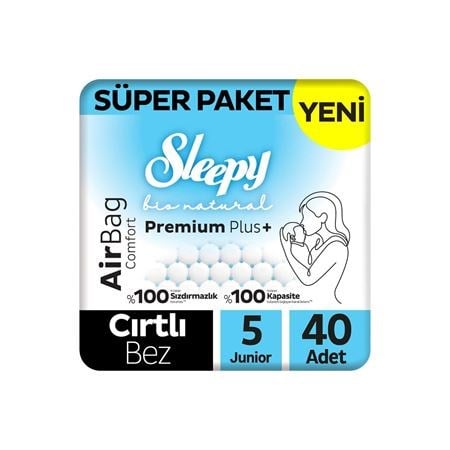 Bebek BezleriSleepy Bio Natural Cırtlı Bez Premium Plus Airbag Comfort Süper Paket Bebek Bezi 5 Numara Junior 40 Adet