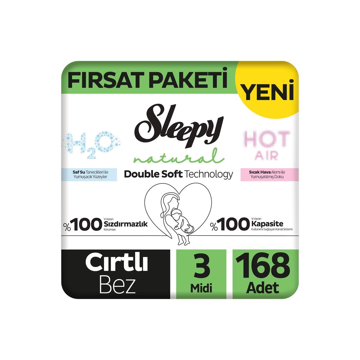 Bebek BezleriSleepy Natural Double Soft Fırsat Paket Bebek Bezi Midi No:3 4-9 kg 42 Adet