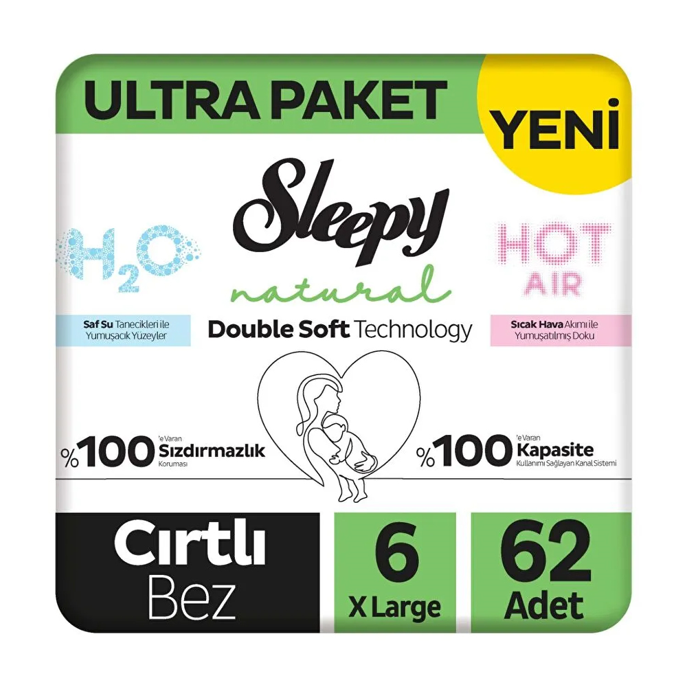 Bebek BezleriSleepy Natural Double Soft Ultra Paket Bebek Bezi 6 Numara X Large 62 Adet