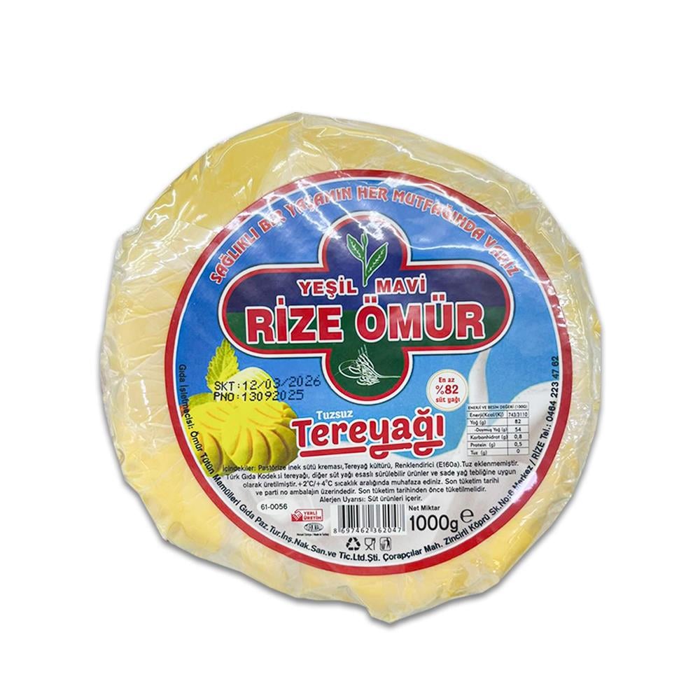 TereyağYeşil Mavi Rize Ömür Tereyağı 1000 gr Topak %82 yağlı