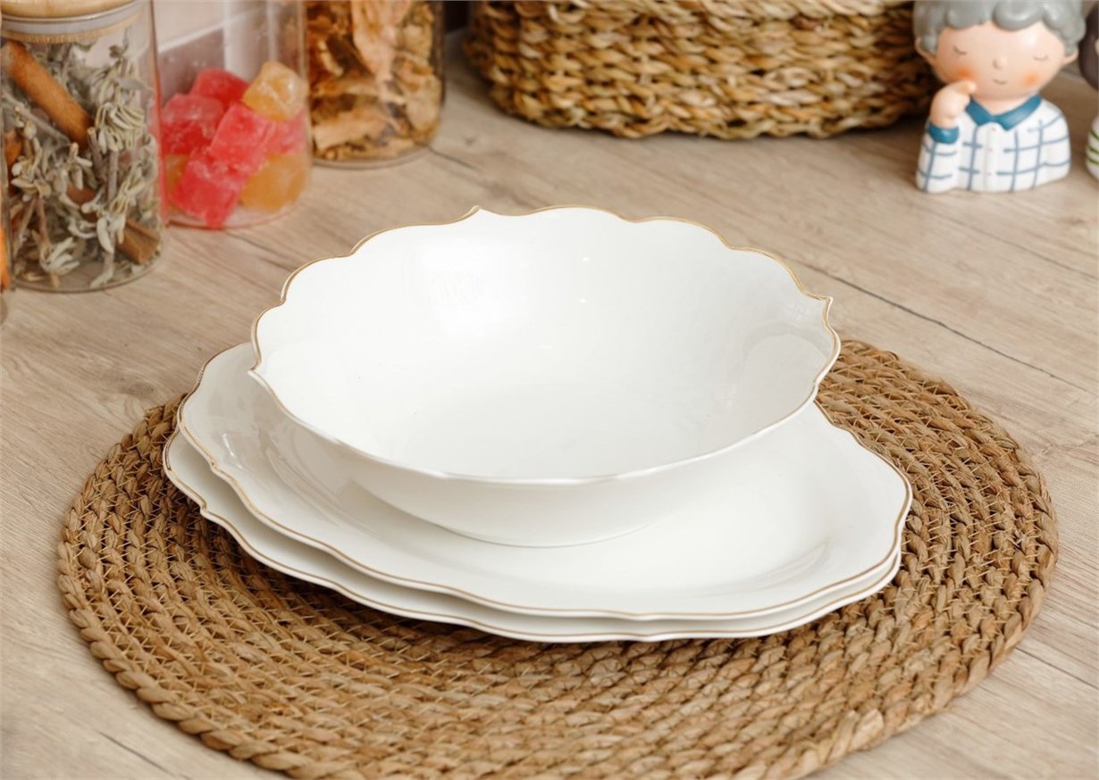 Arow Pink&more Altın Yaldızlı Beyaz 3'lü Tabak Kase Servis Seti