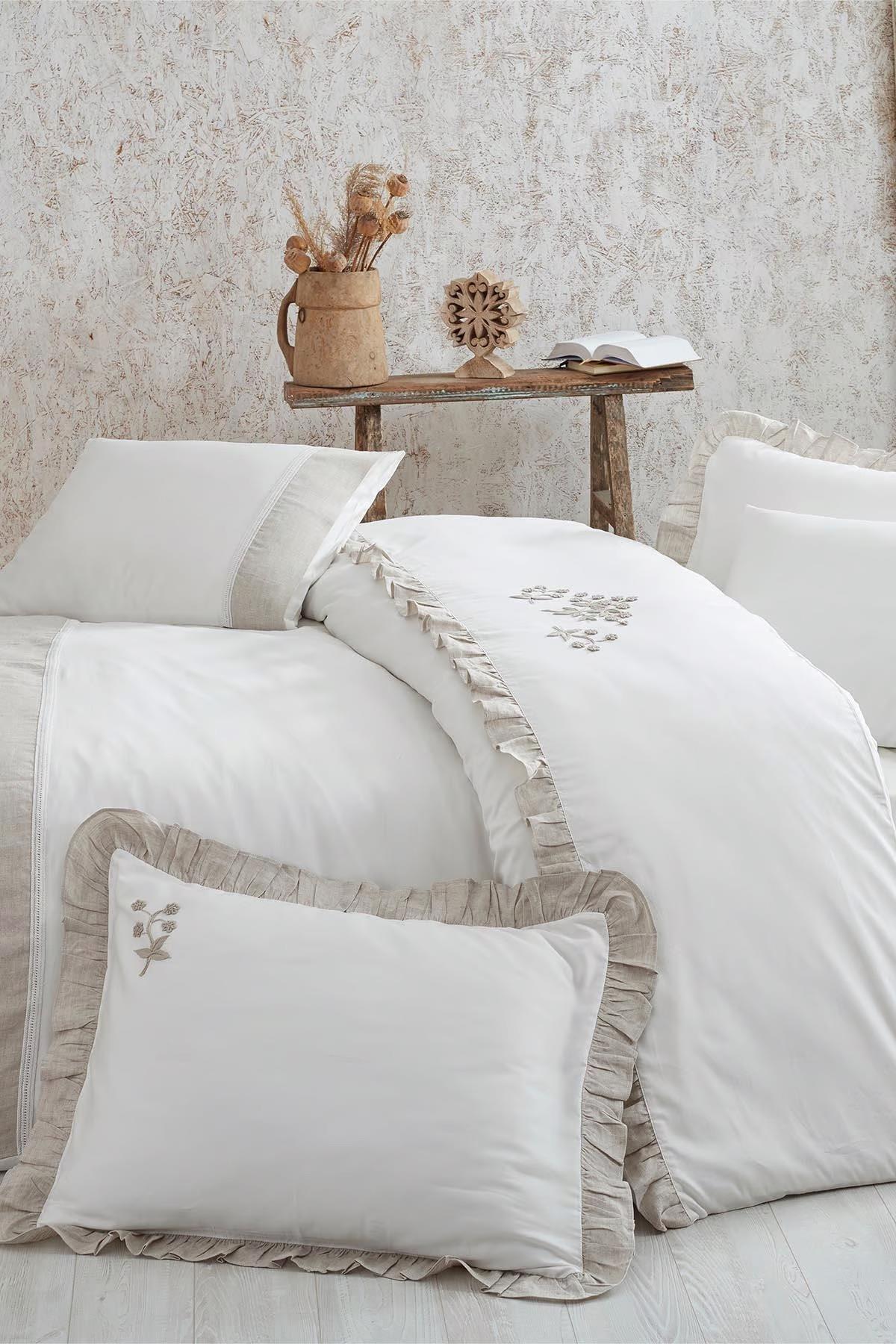 Ecocotton Nevresim Takımı Çift Kişilik Saten Nak Krem Aylız %100 Organik