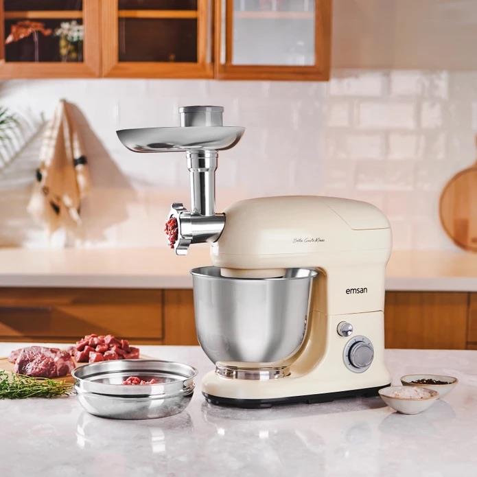 Emsan Bella Gusto Maxi Krem Kıyma Çekme /Sucuk-Sosis/İçli Köfte Aparatlı/Smooth Hazneli Hamur Yoğurma Makinesi 1300W 5L
