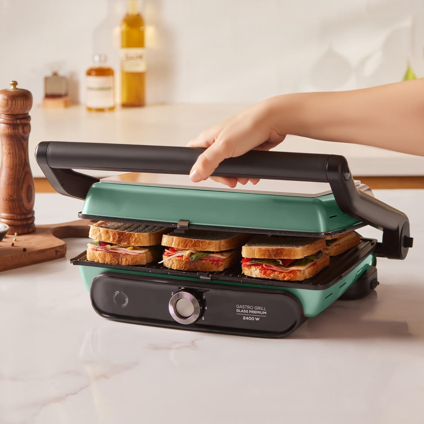 Karaca Gastro Grill Glass Premium 2400W Döküm Tost ve Izgara Makinesi Blue Mist 6 Dilim Kapasiteli