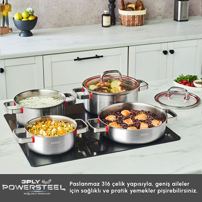 Karaca Powersteel 316+ 3Ply Artemis İndüksiyon Tabanlı 8 Parça Çelik Tencere Seti