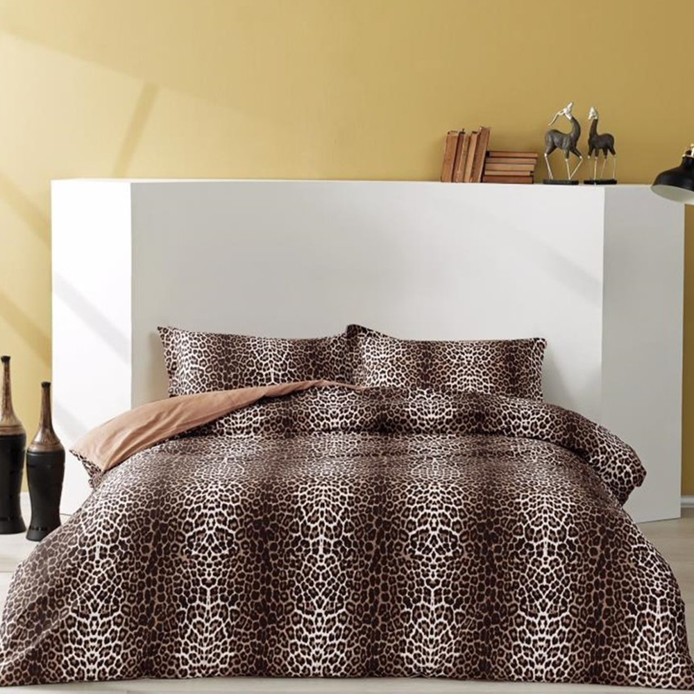 Taç Çift Kişilik Saten Nevresim Takımı Leopard Kahve