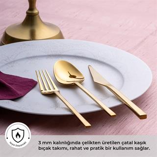 Emsan Alba 18 Parça Parlak Gold Yemek Kutulu Çatal Kaşık Bıçak Takımı