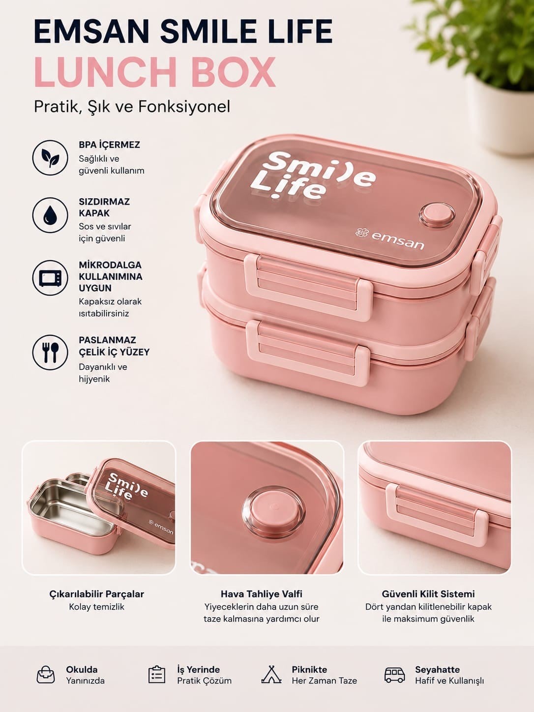 EMSAN LUNCH BOX CIFT KATLI SMILE LIFE PINK