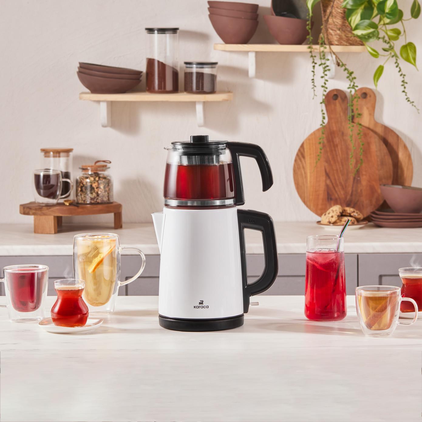 Karaca Tea Glass 2 in 1 Çelik Çay Makinesi ve Kettle White