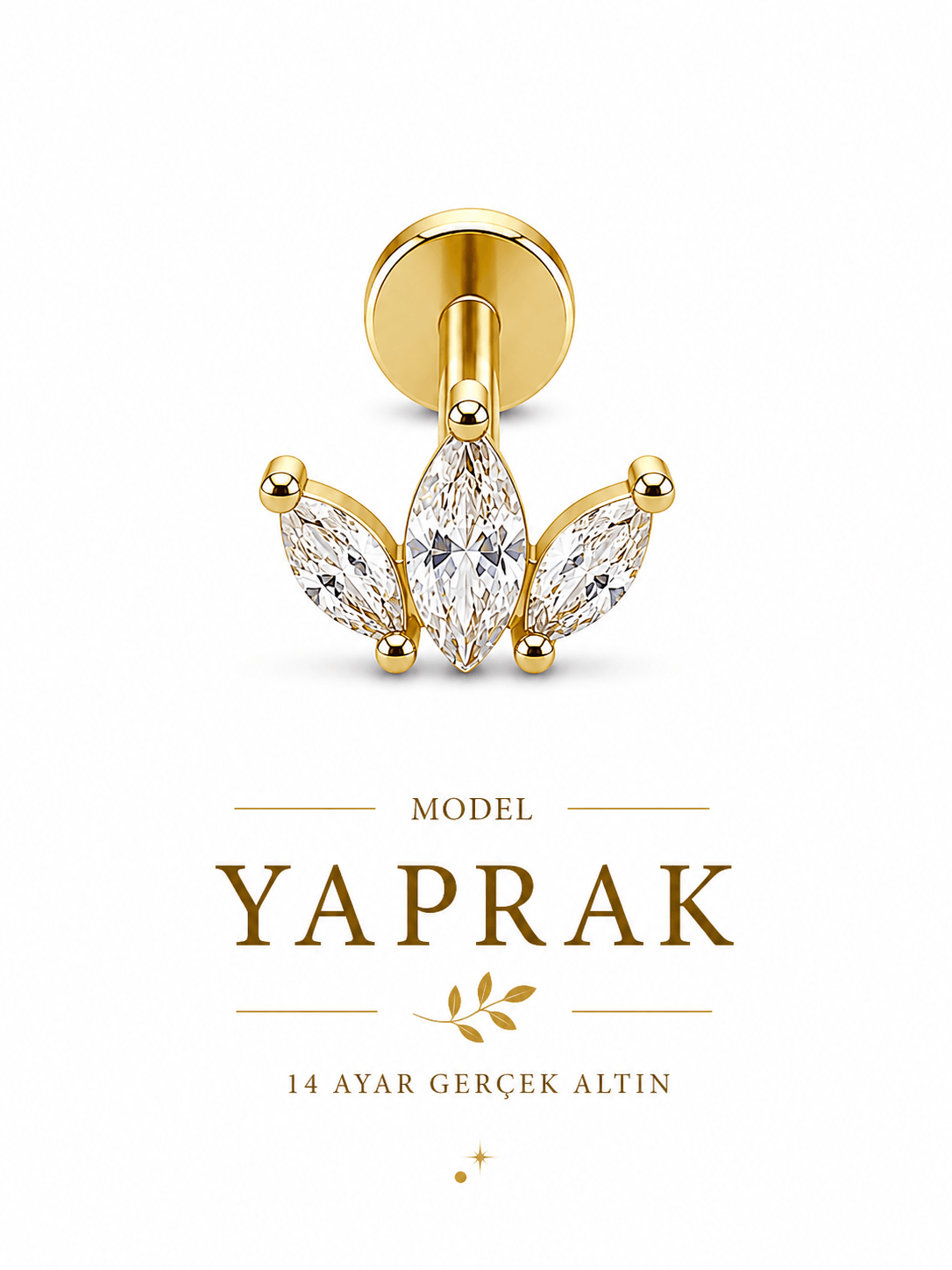 14 Ayar Altın Yaprak Markiz Taşlı Piercing