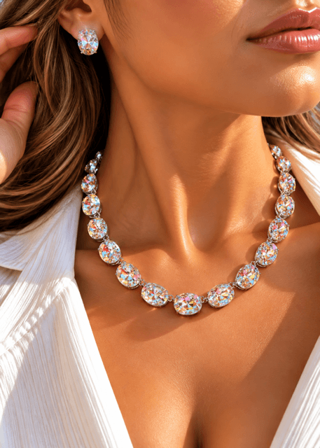 Premium Cristal Taşlı Beyaz Hareli Renk Kolye