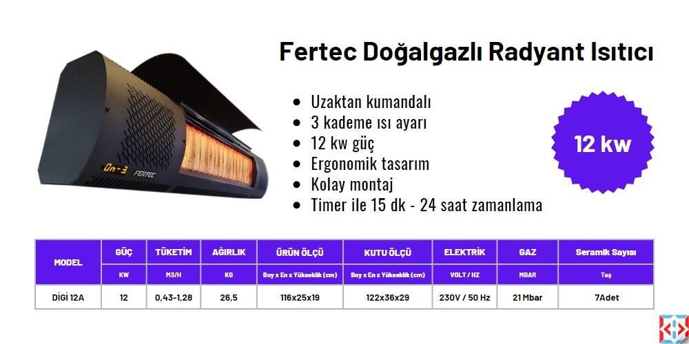 Fertec Radyant Isıtıcı 12 kw ölçüleri