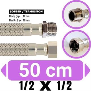 1/2x1/2-50 cm Şofben Termosifon Paslanmaz Çelik Su Bağlantı Flex Hortumu 12x16 mm