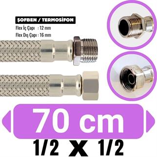 1/2x1/2-70 cm Şofben Termosifon Paslanmaz Çelik Su Bağlantı Flex Hortumu 12x16 mm