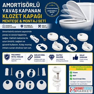 Amortisörlü Yavaş Kapanan Klozet Kapağı Menteşe ve Montaj Seti