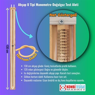 Doğalgaz Test Aleti-Ahşap U Manometre-Hortumlu-120 mbar