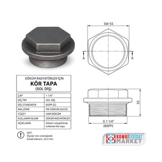 Döküm Radyatör Kör Tapası 11/4 Sol Diş