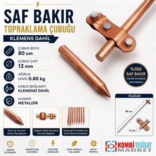 Saf Bakır Topraklama Çubuğu-80 cm 12 mm-Klemens Dahil