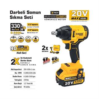 SGS Darbeli Somun Sıkma Seti 330 Nm Tork 20V 1/2” 2x4.0Ah (Kömürsüz Motor)