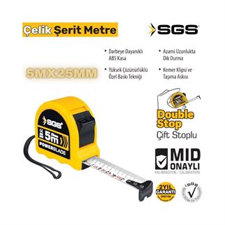 SGS Şerit Metre 5x25 mm Çift Stoplu
